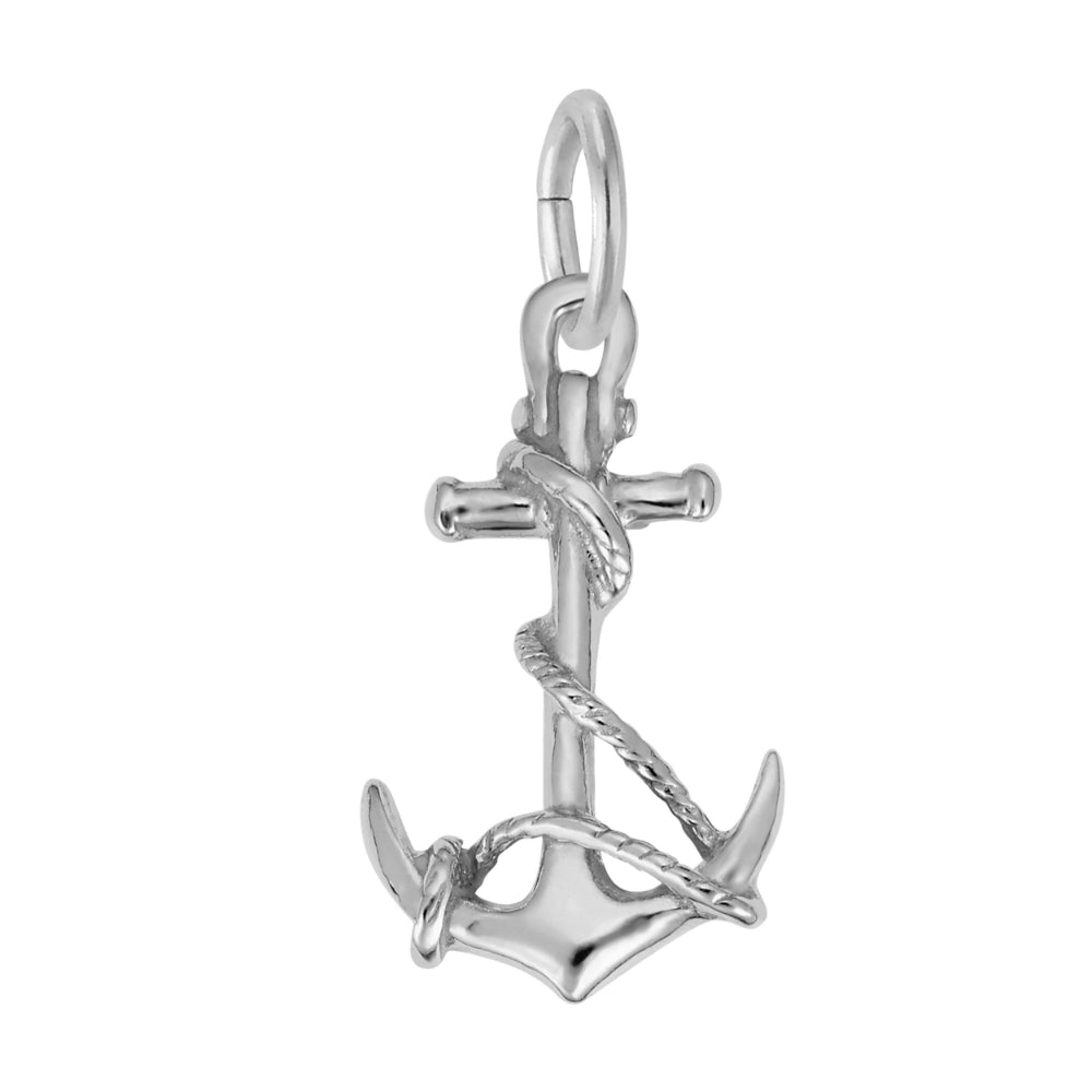 A polished silver anchor charm with a rope-wrapped design, shown on a plain white background.