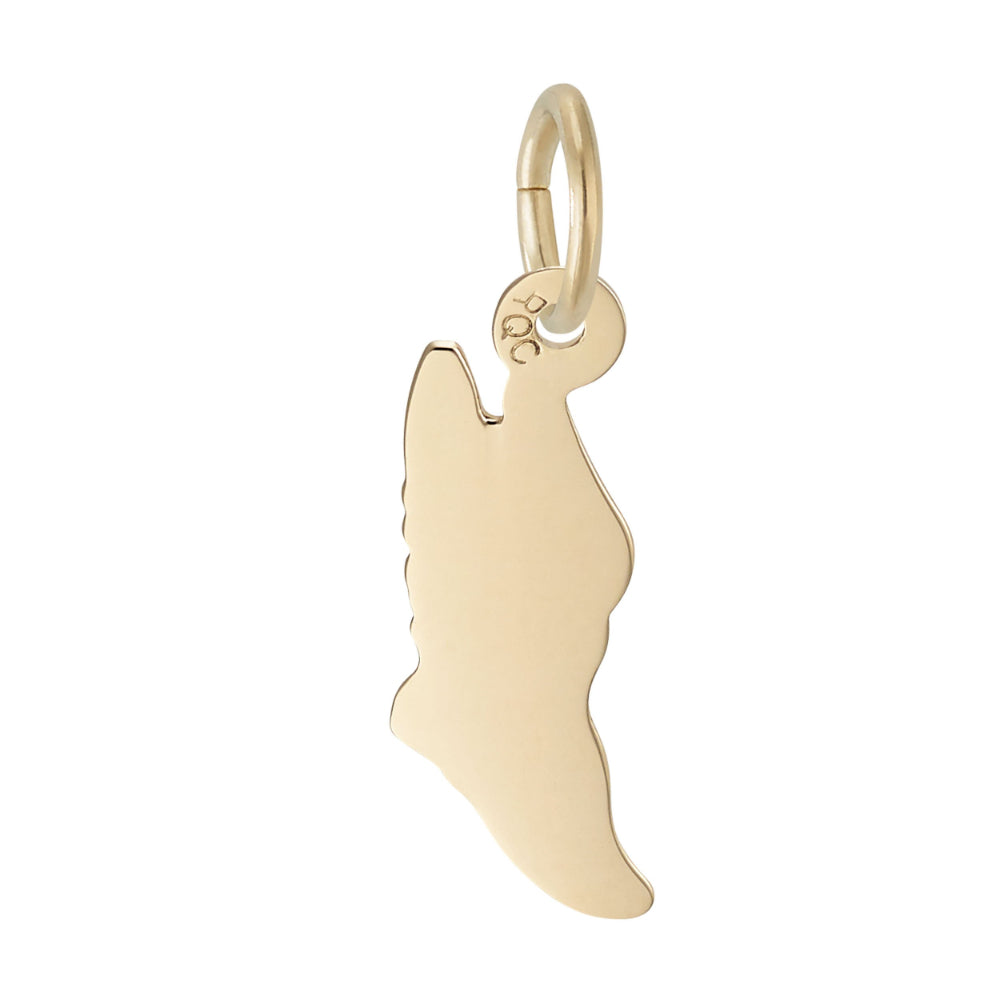 Back of a gold winged shoe charm, shown on a white background