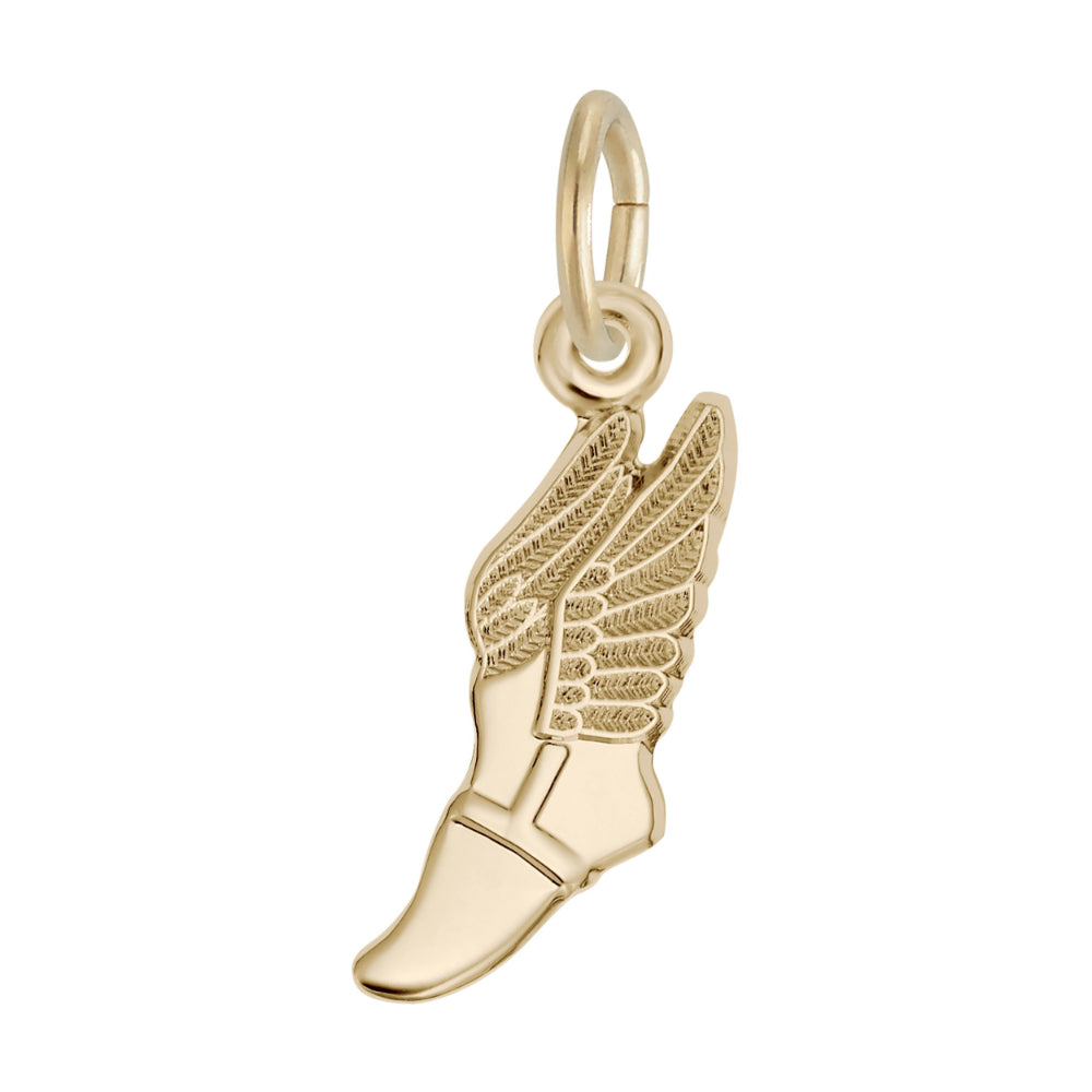 A polished yellow gold charm shaped like a winged boot, featuring detailed feather-like textures on the wing, shown against a plain white background.