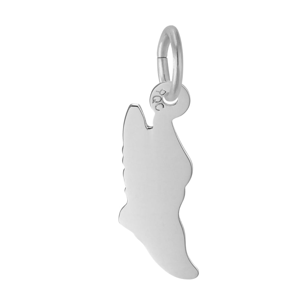 Back of a Silver winged shoe charm, shown on a white background