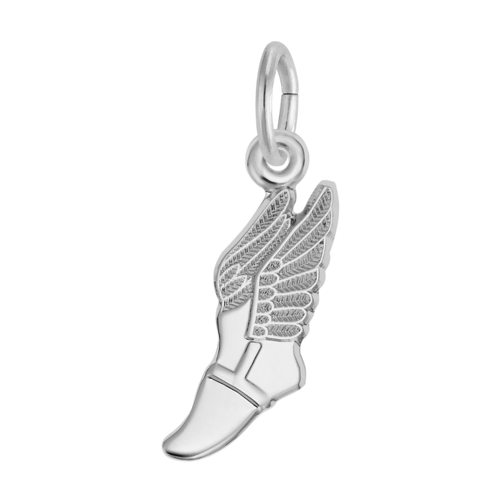 A polished silver charm shaped like a winged boot, featuring detailed feather-like textures on the wing, shown against a plain white background.