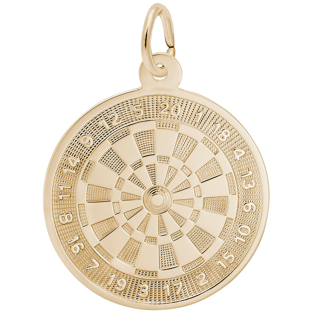 Gold dartboard charm on a white background