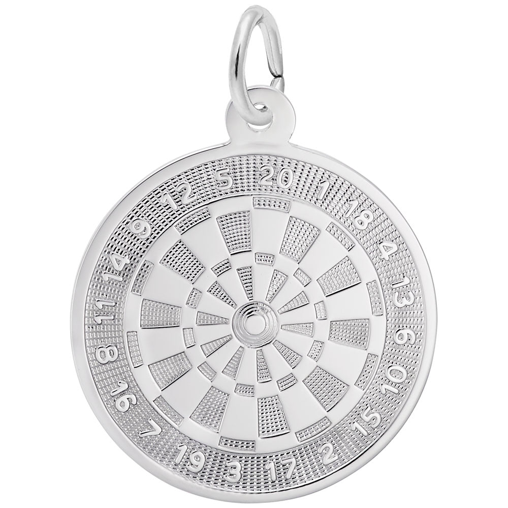 Silver dartboard charm on a white background