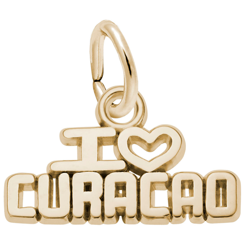 Gold charm with 'I ❤️ CURACAO' text on a white background