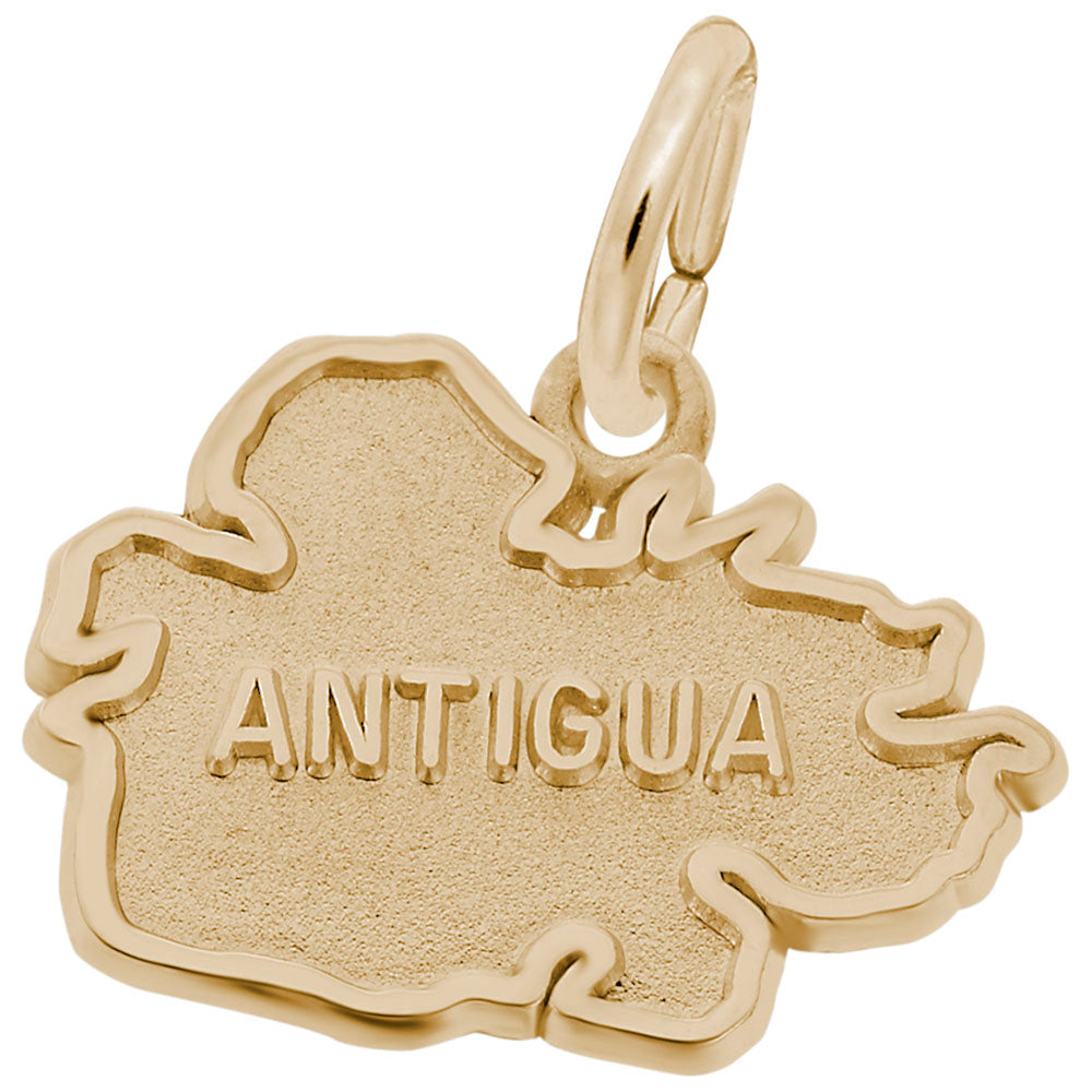 Gold charm shaped like the island of Antigua on a white background