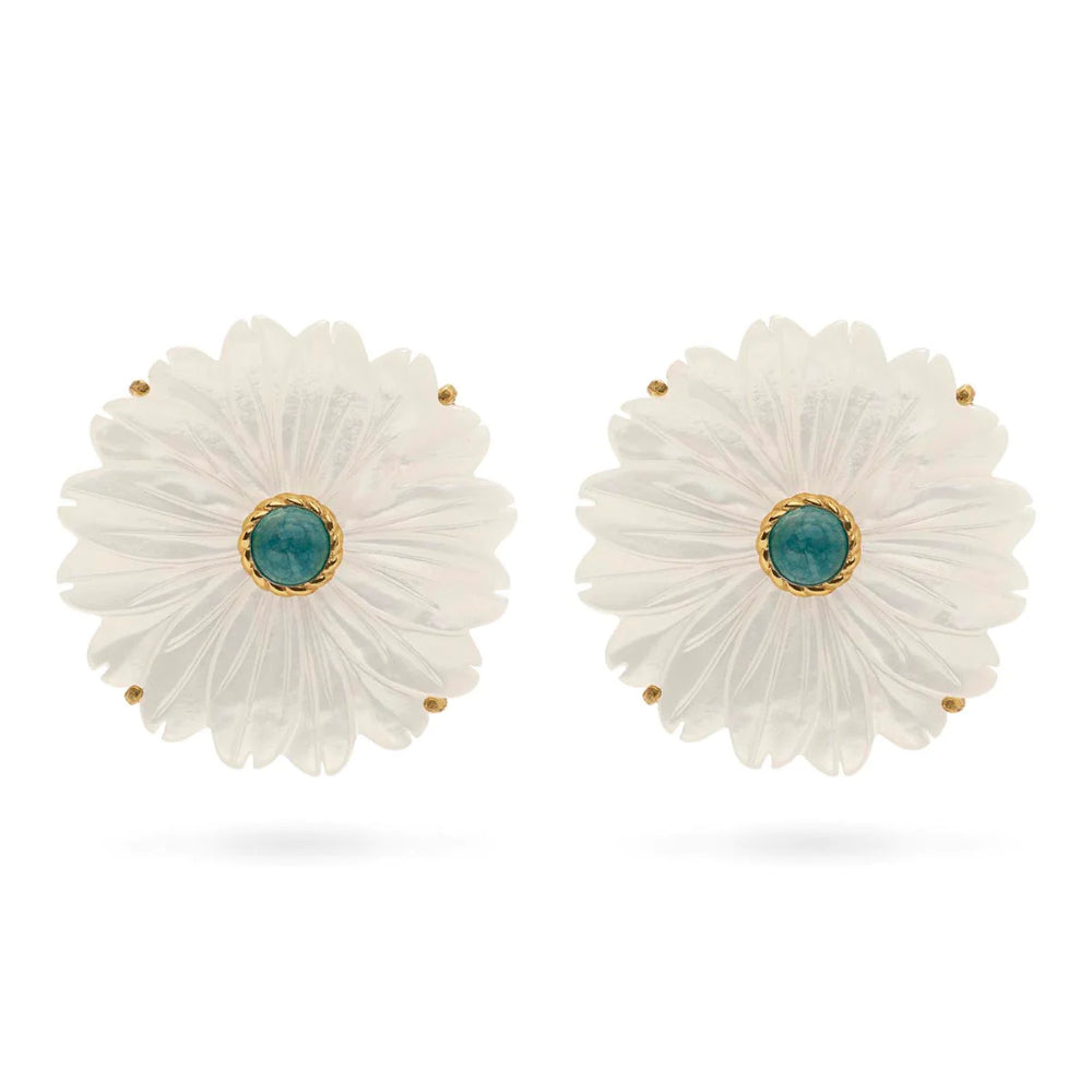 Capucine de Wulf Mermaid Garden Flower Stud Earrings In Mother of Pearl and Ocean Jade