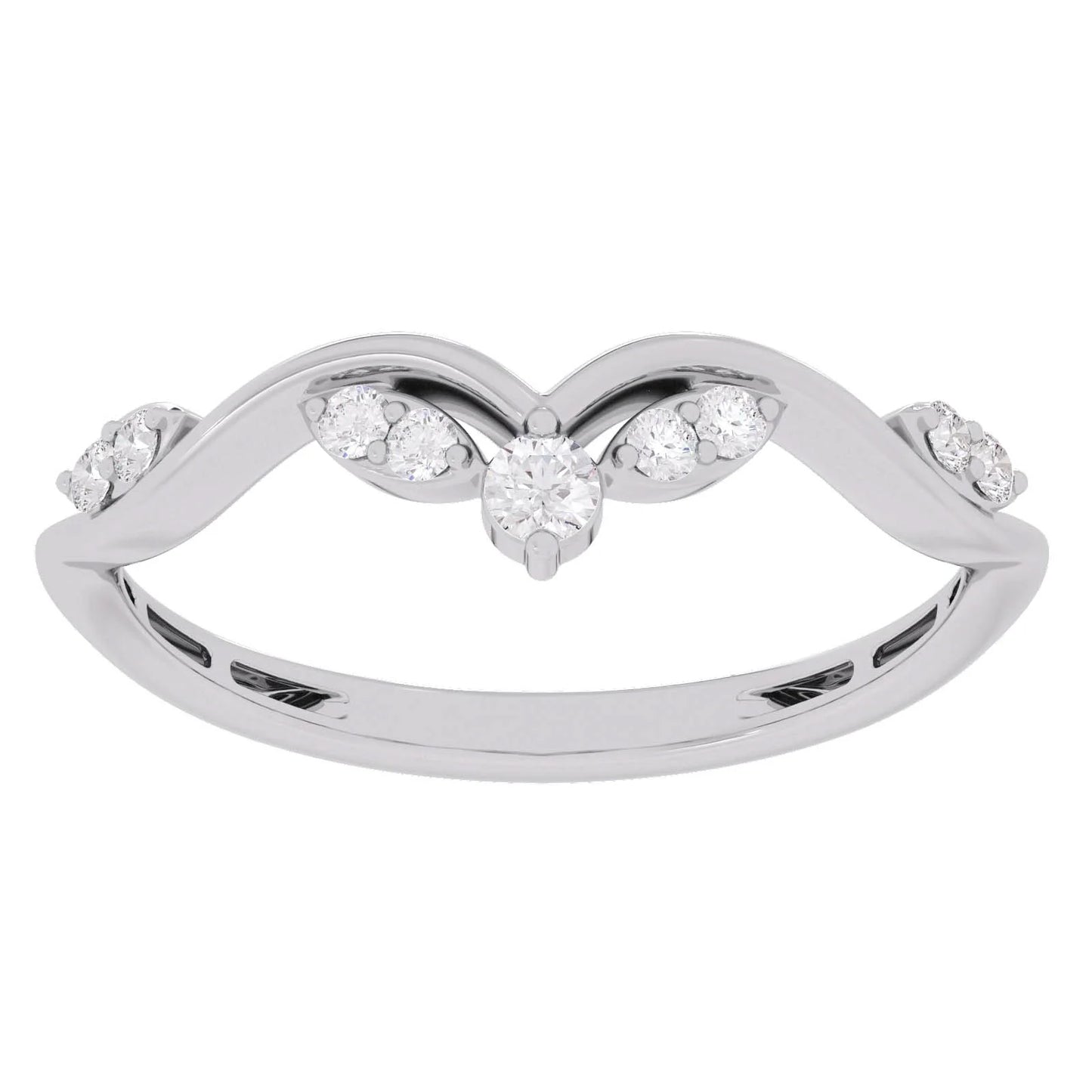 A silver-toned diamond ring with a curved, wing-like top featuring a central round-cut diamond and smaller diamonds on each side, set against a plain white background.