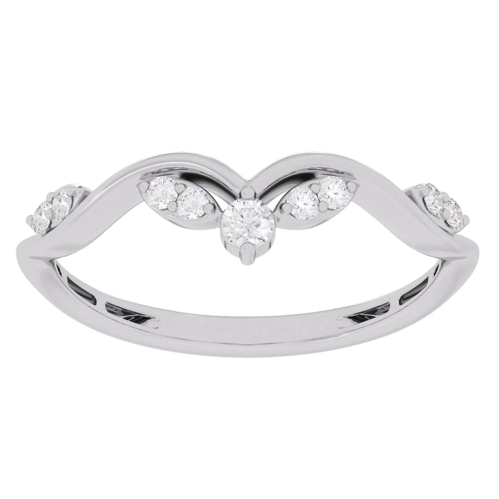 A silver-toned diamond ring with a curved, wing-like top featuring a central round-cut diamond and smaller diamonds on each side, set against a plain white background.