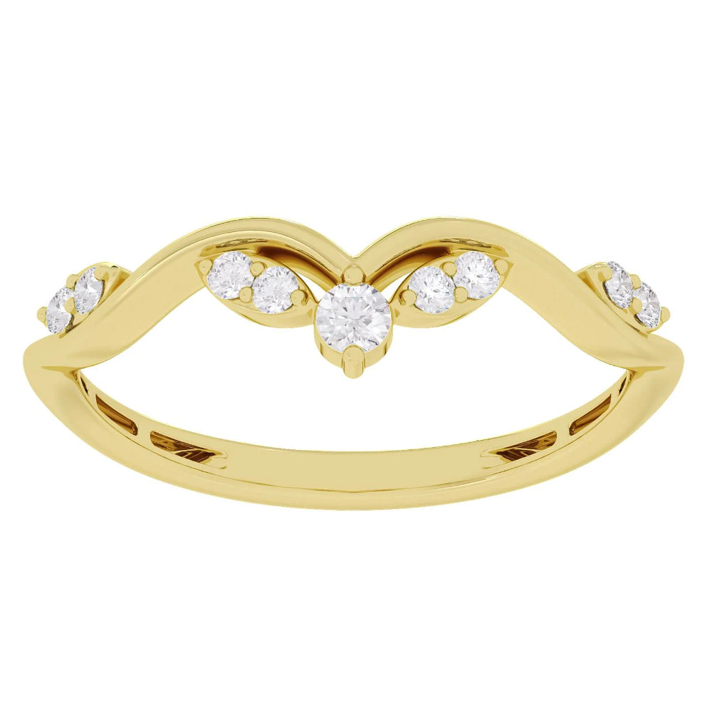 A yellow gold ring with a wavy, open-heart design featuring clear round-cut gemstones, shown on a plain white background.