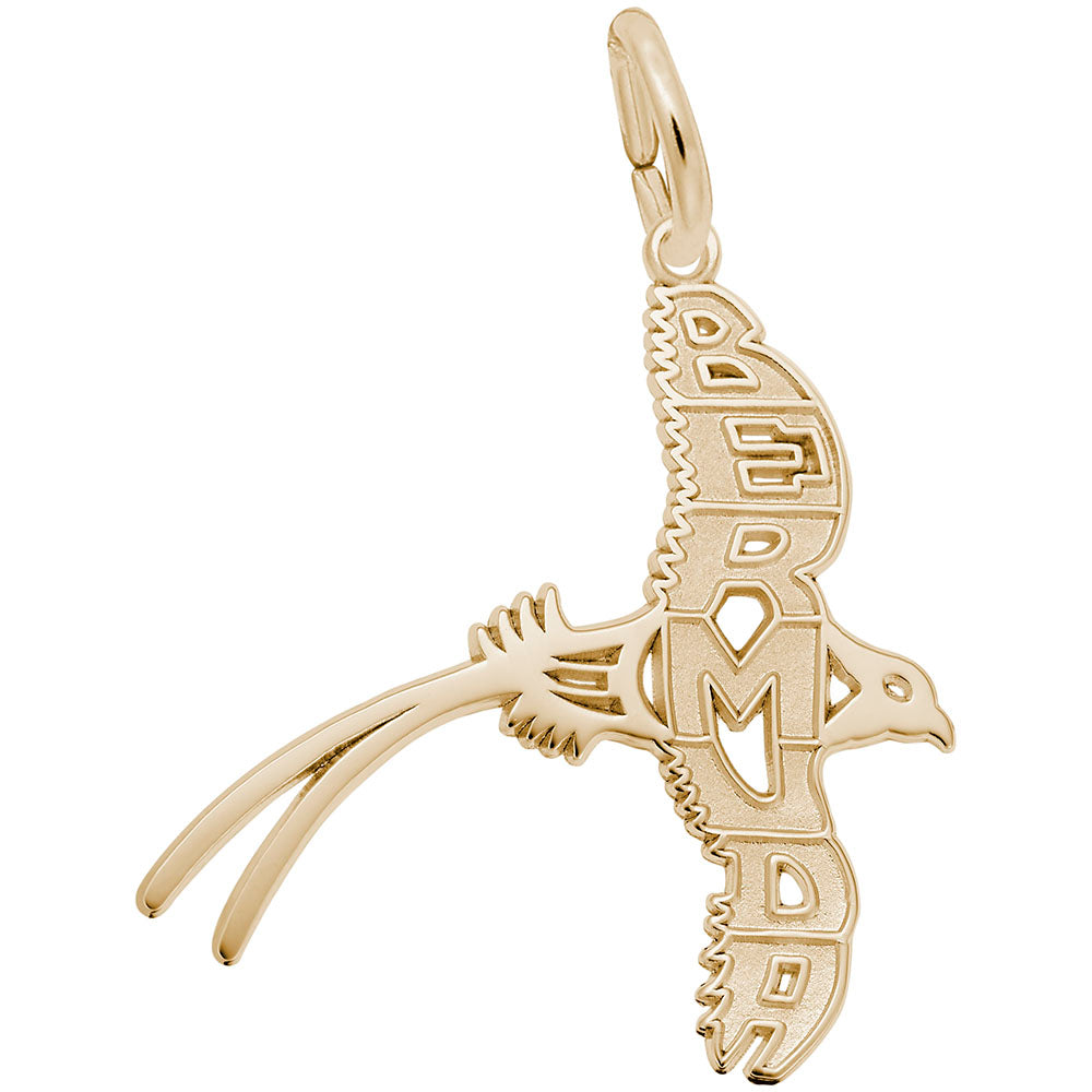 Gold bird shaped charm with the word, 'BERMUDA' making up the wings, shown on a white background