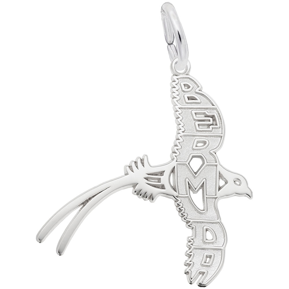 Silver bird shaped charm with the word, 'BERMUDA' making up the wings, shown on a white background