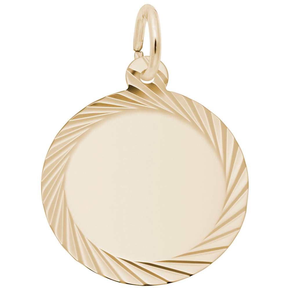 Gold disc charm with wavy design on a white background
