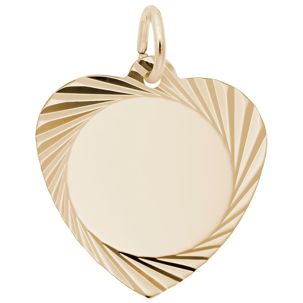 Gold heart-shaped charm with a striped design on a white background