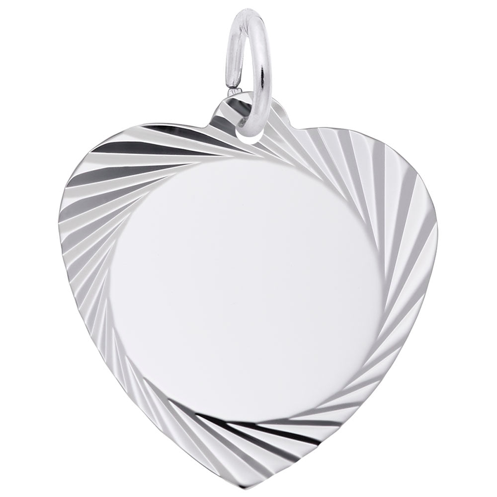 Silver heart-shaped charm with a striped design on a white background