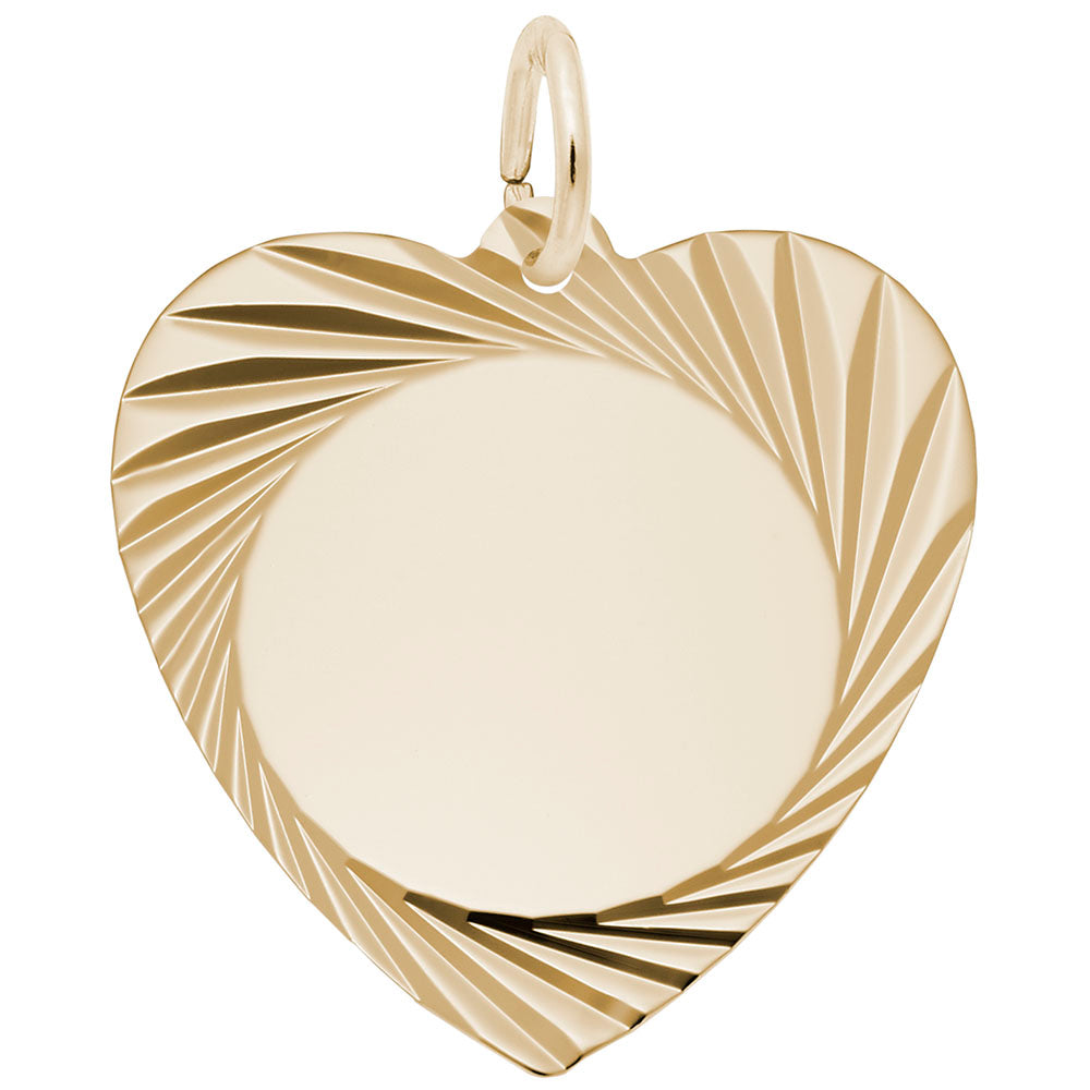 Gold heart-shaped charm with wavy design on a white background