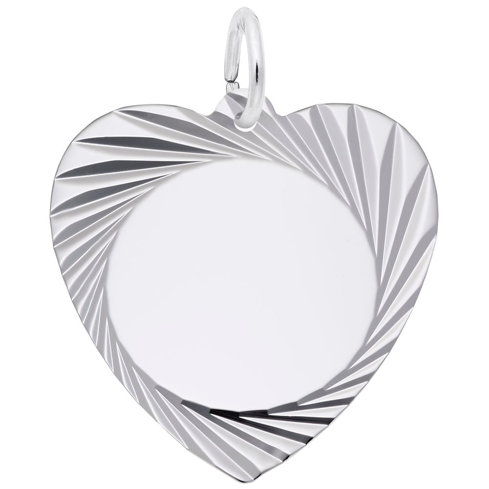 Silver heart-shaped charm with wavy design on a white background