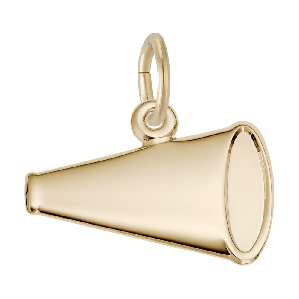 A polished gold charm shaped like a megaphone, featuring a smooth reflective surface, shown on a plain white background.
