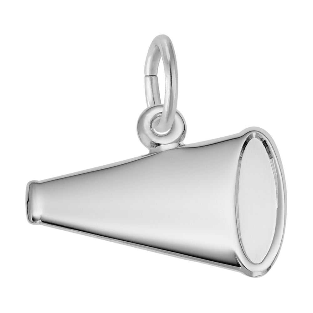 A polished silver charm shaped like a megaphone, featuring a smooth reflective surface, shown on a plain white background.