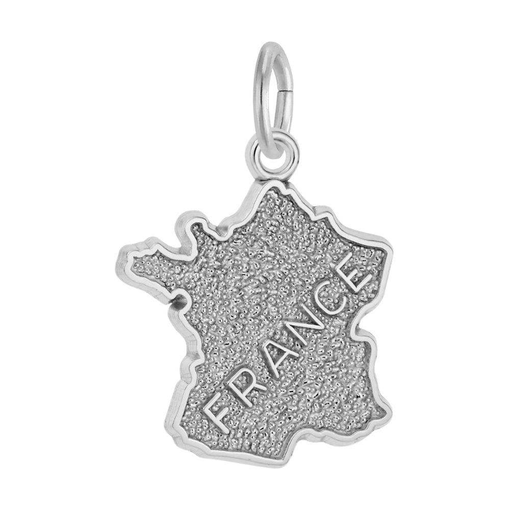 Silver charm shaped like a map of France with 'FRANCE' engraved on a white background