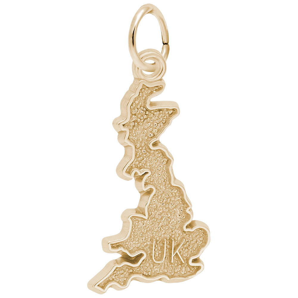Gold charm shaped like a map of the UK on a white background