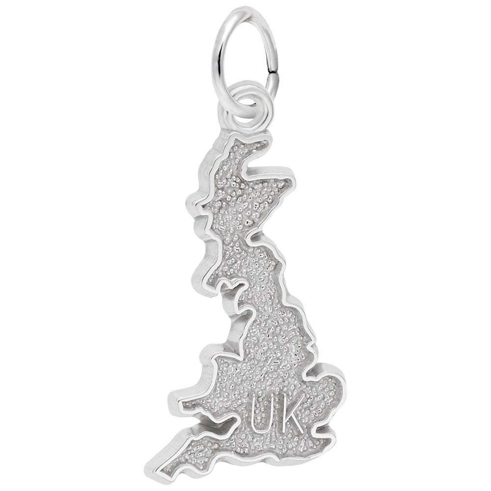 Silver charm shaped like a map of the UK on a white background