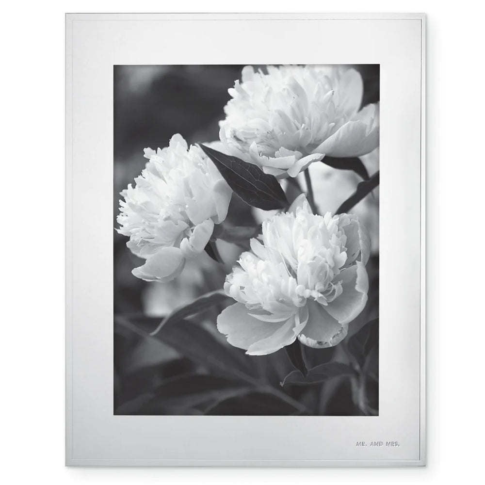 Silver 8x10 silver plated and stamped steel frame with a black and white photo of flowers on a white backround.