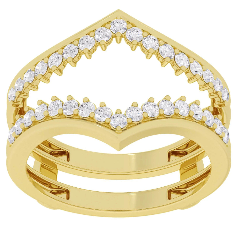 A gold double-band ring featuring a heart-shaped chevron design, adorned with rows of clear round-cut cubic zirconia stones on both bands, set against a plain white background.