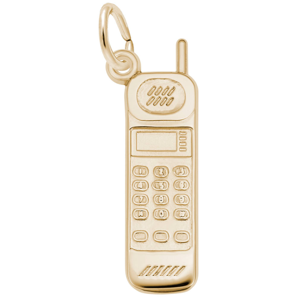 Gold cellphone charm with detailed numbers, screen, microphone, and speaker