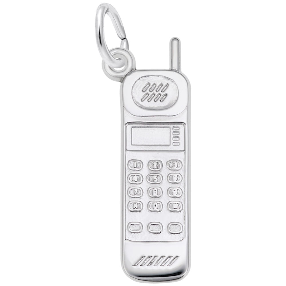 Silver cellphone charm with detailed numbers, screen, microphone, and speaker