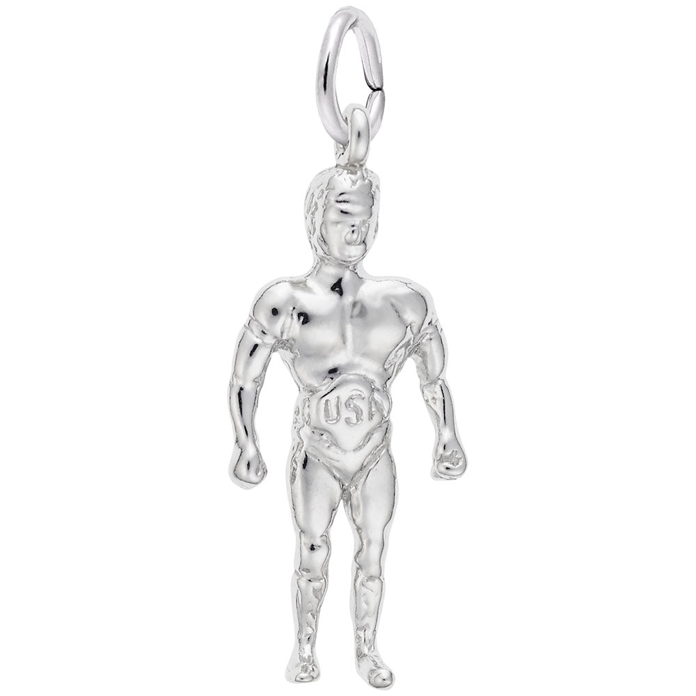Silver wrestler charm with "USA" engraved on the torso, shown on a white background
