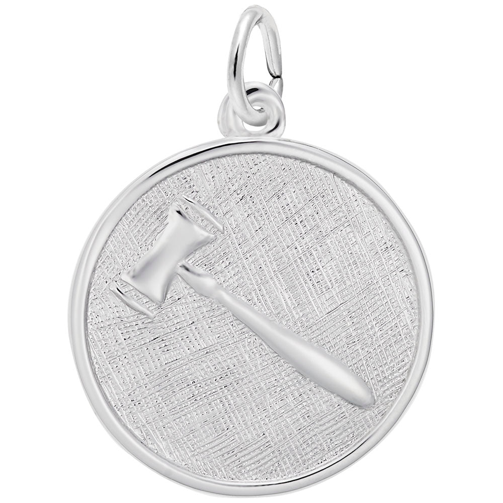 Silver disc charm with a gavel inscribed upon it, shown on a white background