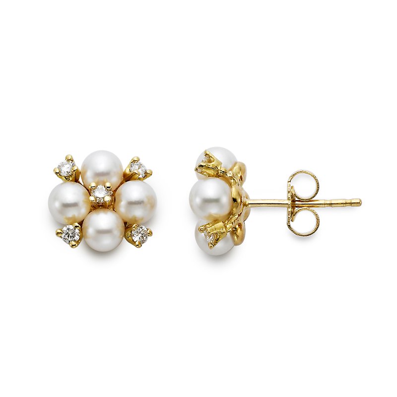 A pair of gold and pearl stud earrings on a white background, with one earring facing forward to show the floral cluster design and the other showing the post and butterfly back.