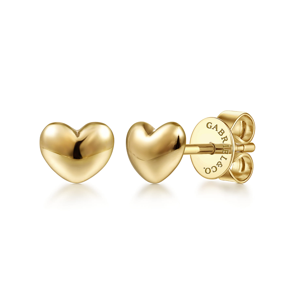 Gold heart-shaped earrings with 'Gavril' branding on a white background