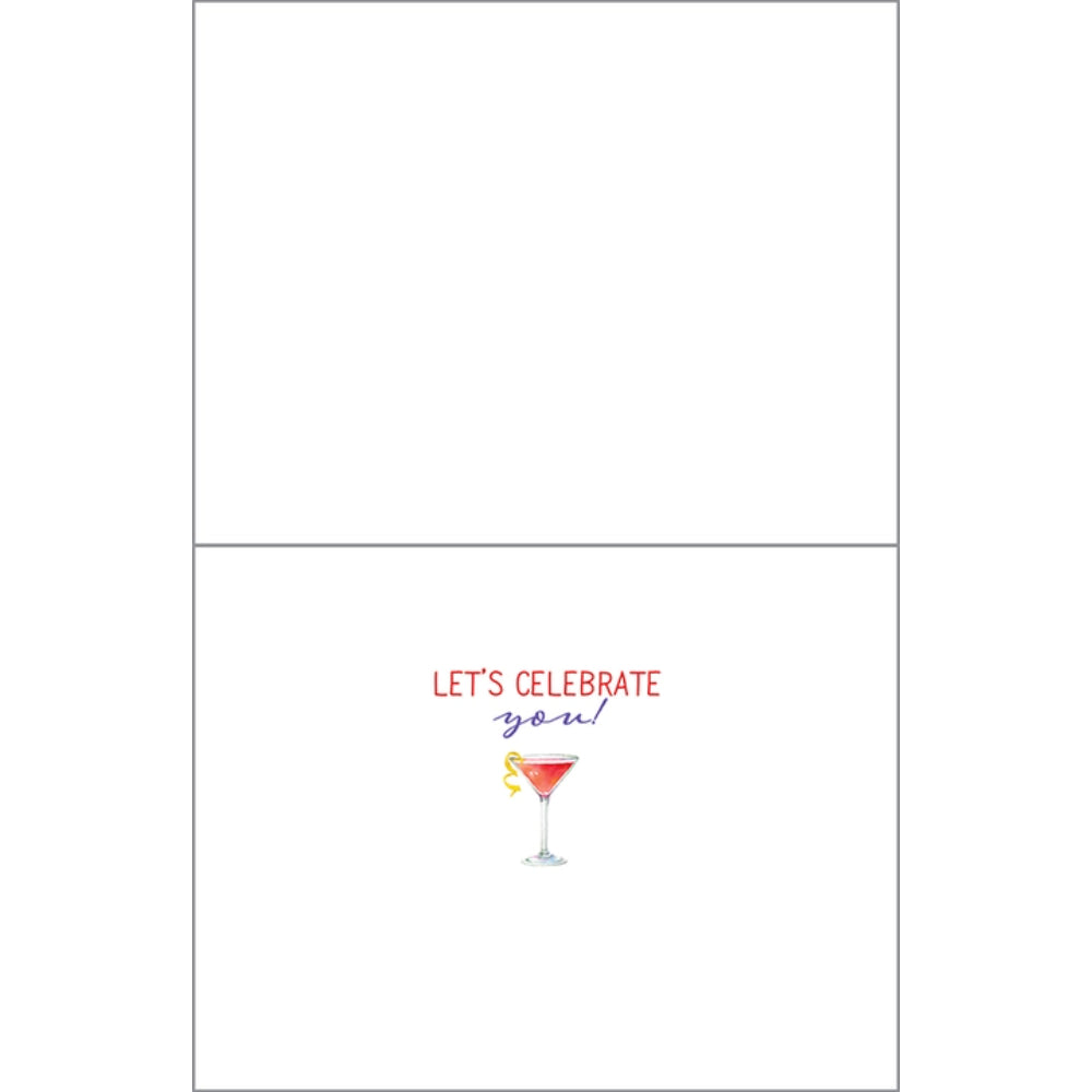 birthday card with text "let's celebrate you!" with tropical drink next to it on white background. 