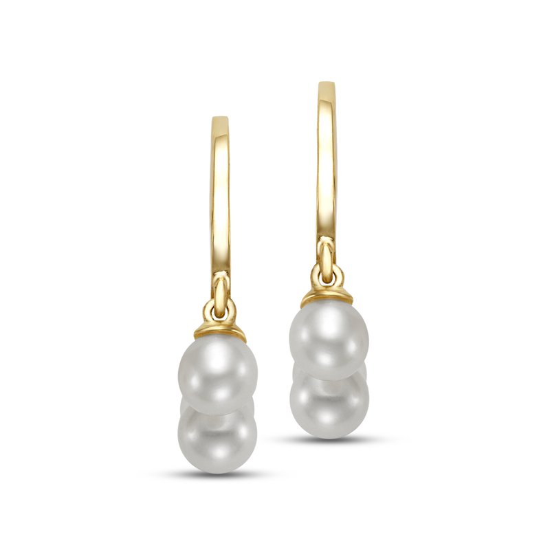 A pair of gold hoop earrings with three stacked white freshwater pearls hanging from each earring, shown against a plain white background.