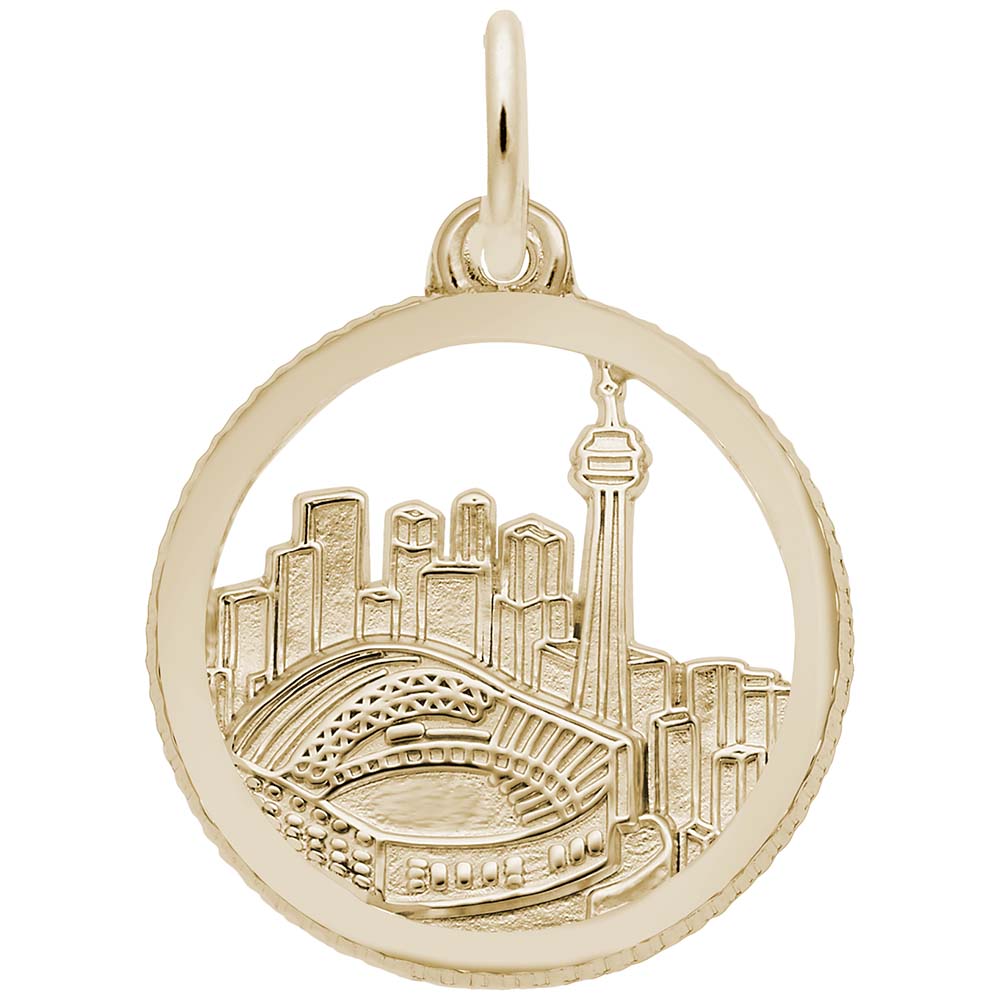 Gold charm depicting the Toronto Skyline, shown on a white background