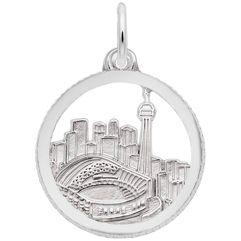 Silver charm depicting the Toronto Skyline, shown on a white background