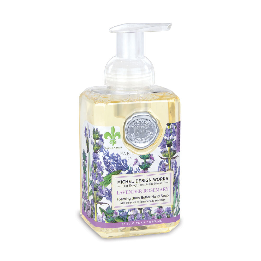 Foaming hand soap bottle with lavender design on a white background