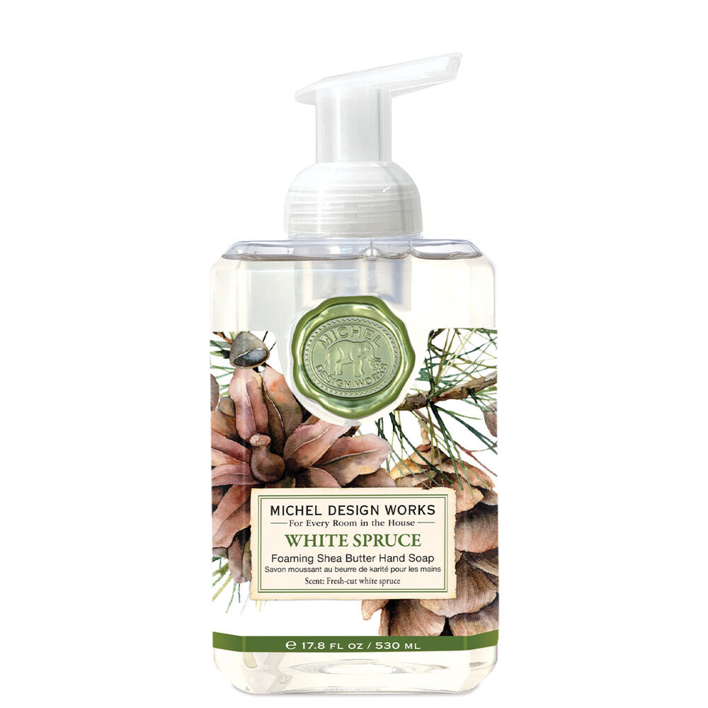 Foaming hand soap bottle with White Spruce design on a white background