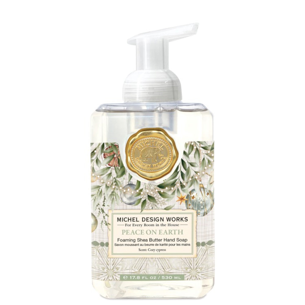 Foaming hand soap bottle with floral design and Michel Design Works branding on a white background.