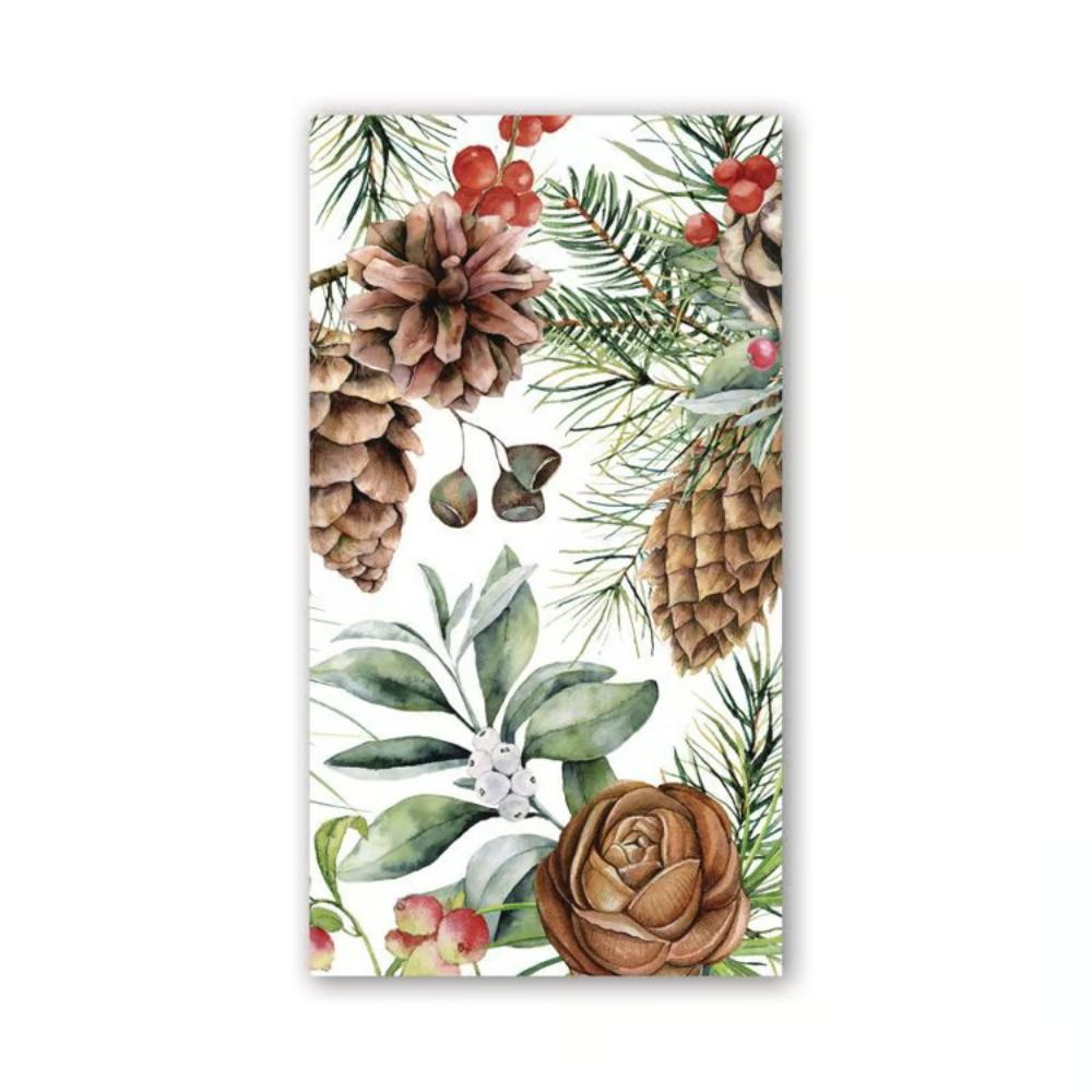 A rectangular paper napkin featuring  pinecones, evergreen branches, green leaves, and red berries on a white background.