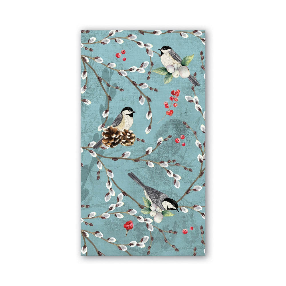 Towel with bird and nature pattern on a blue background.