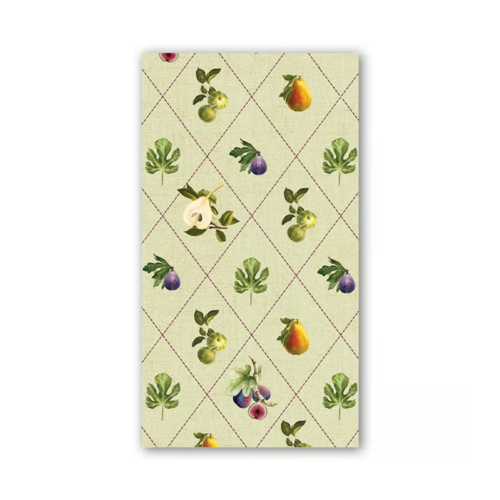Fig & Pear paper hostess napkin on a white backround. 