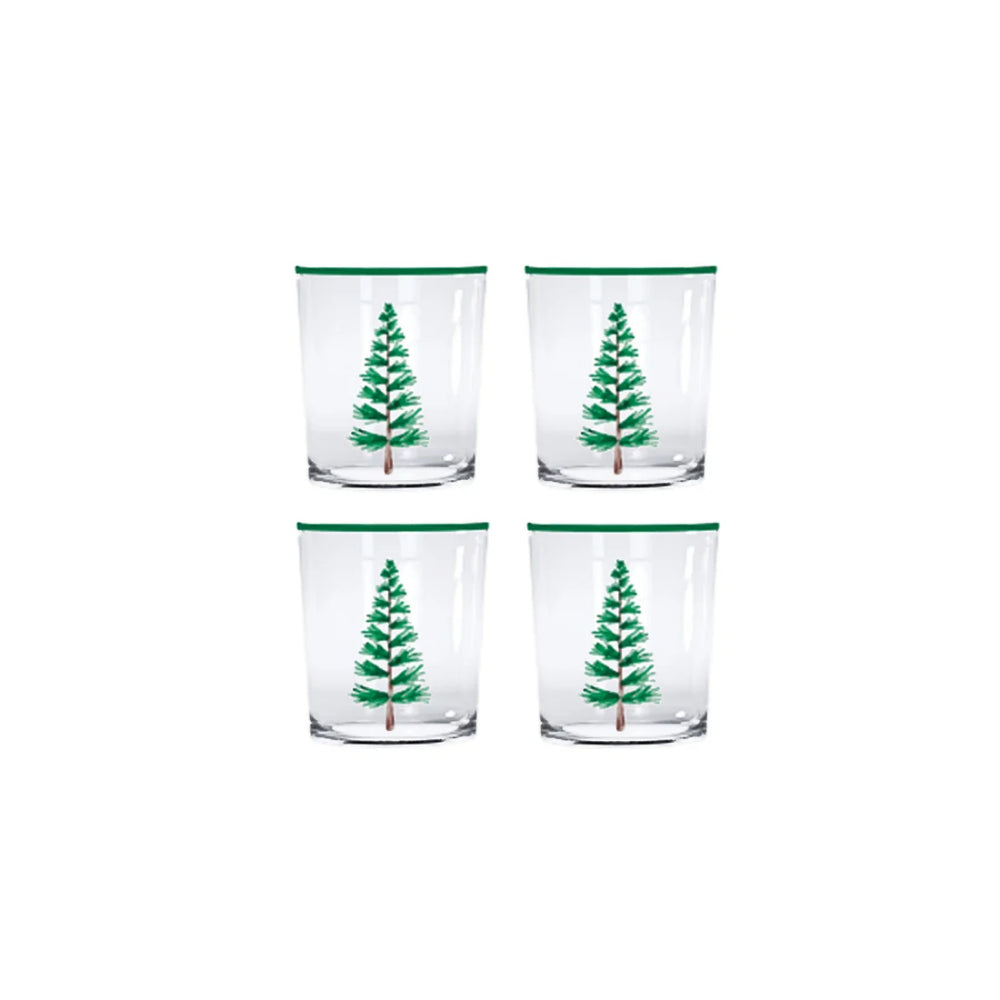 Trees double old fashioned glasses with a evergreen tree design an green rims on it on a white backround. 