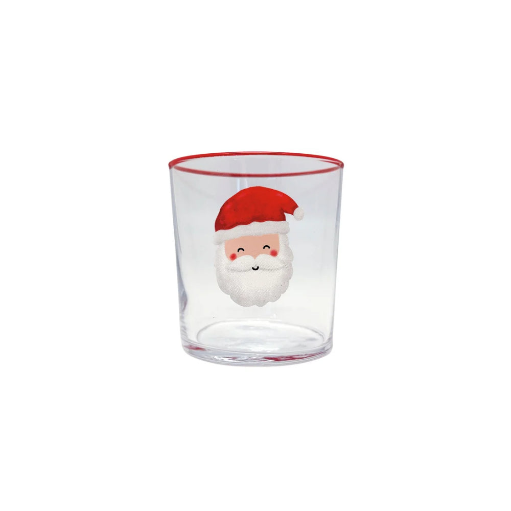 Single santa themed double old fashioned glass with a santa face on it and red rim on a white backround.