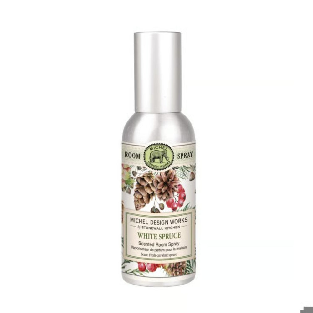 White spruce room spray in a silver bottle on a white backround. 
