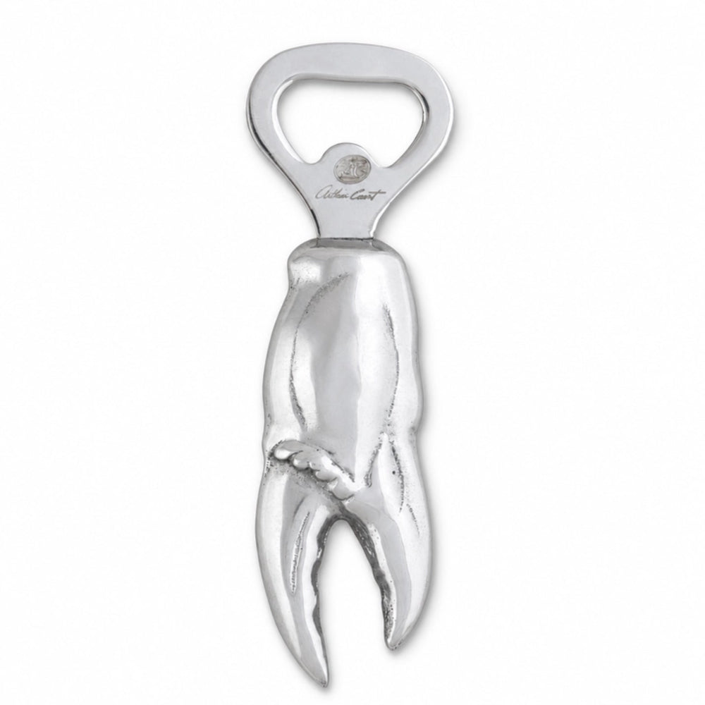 A lobster claw shaped bottle opener made of polished silver-toned metal, shown on a plain white background.
