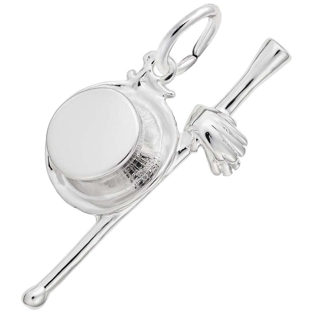 Silver charm resembling a top hat, gloves, and baton shown on a white back ground