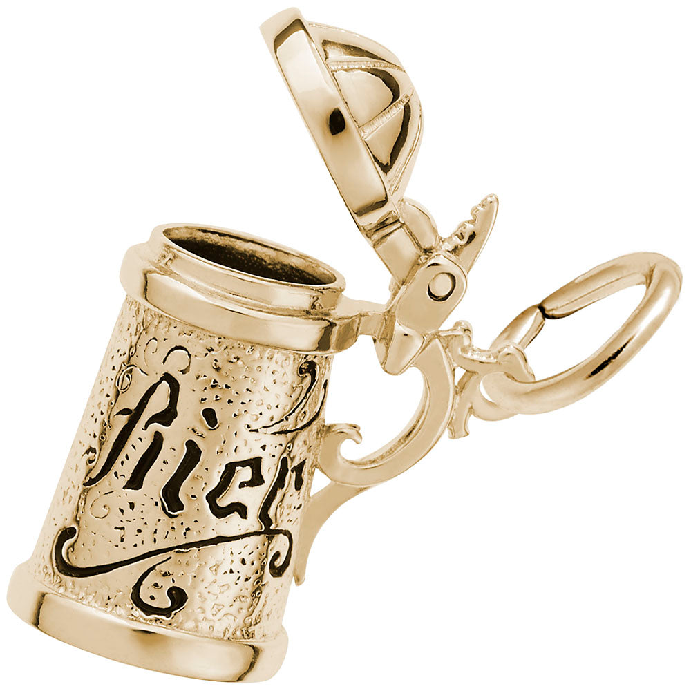 Gold Beer Stein charm with an opening lid and "Bier" inscribed on it, shown on a plain white background
