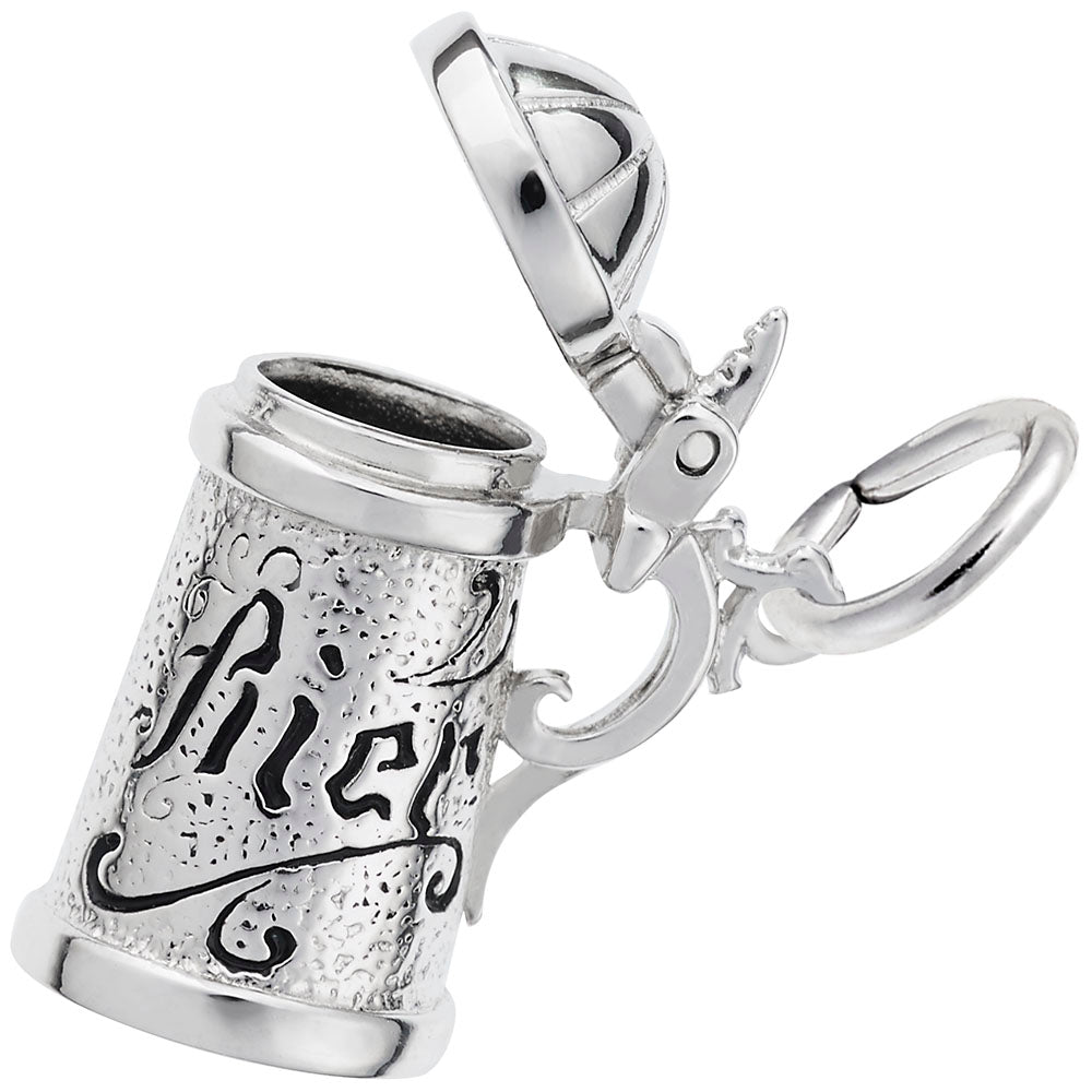 Silver Beer Stein charm with an opening lid and "Bier" inscribed on it, shown on a plain white background